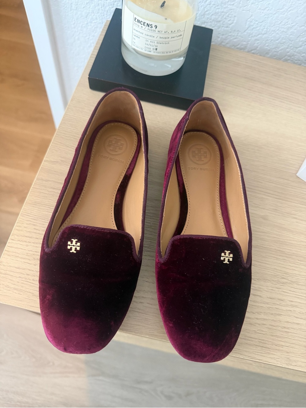 Tory Burch Burgundy Velvet Logo Loafers